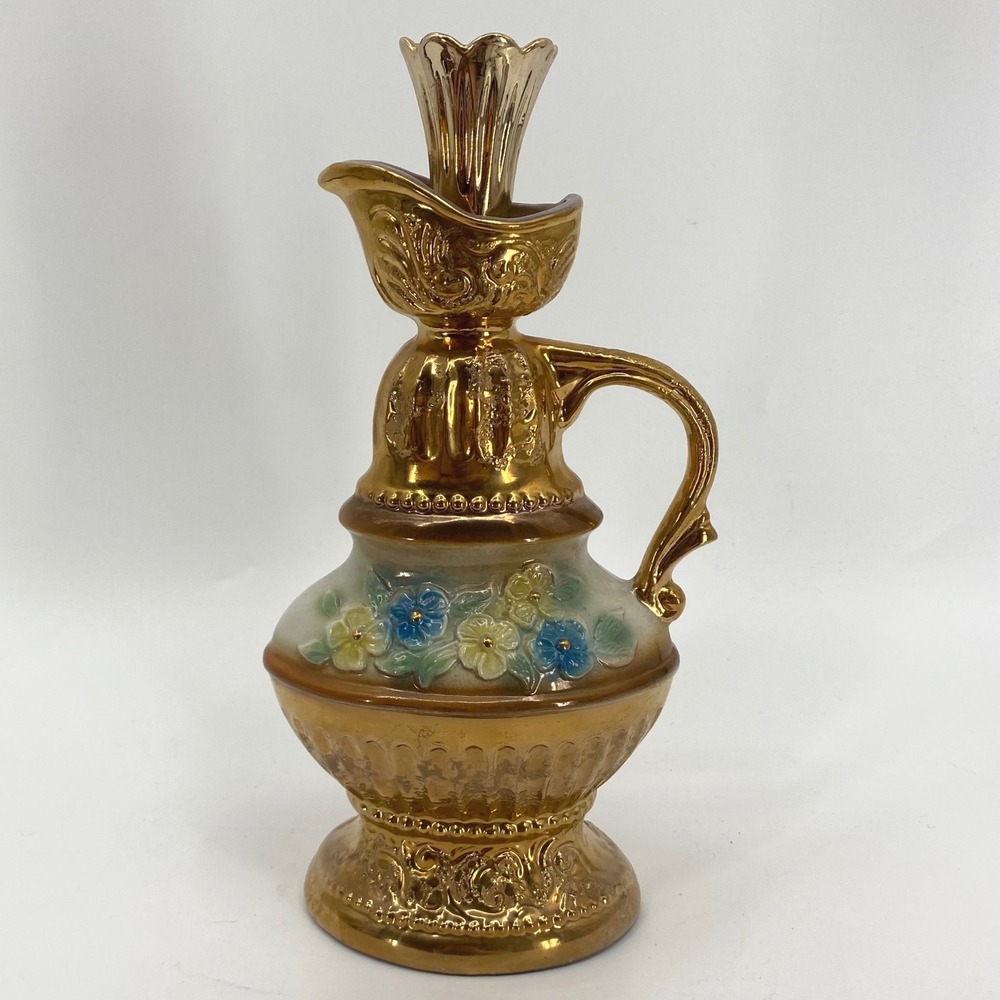 Vintage Jim Beam 22k Gold Electroplated Ceramic Floral Whiskey Decanter Ewer